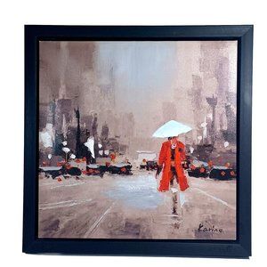 Ren Wil OL892 Evening Showers Woman Paris Red Coat Umbrella 20x20 Art On Canvas